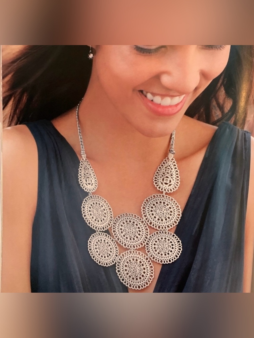 Stella & Dot Silver Medina Bin Filigree Necklace with Medallions